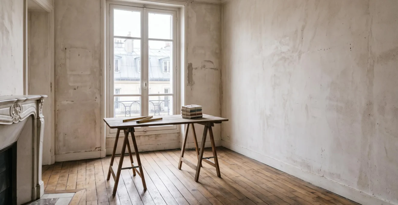 Investisseur inspectant un appartement ancien à rénover, entre plans et outils de chantier, symbolisant la maîtrise du budget travaux