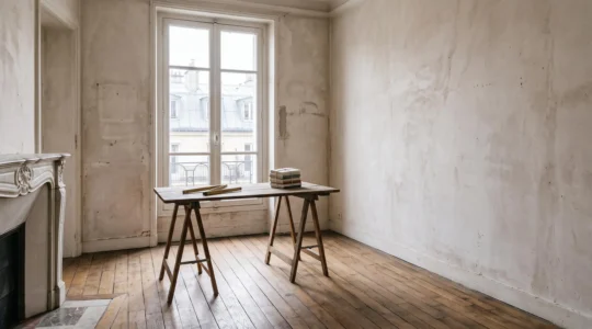 Investisseur inspectant un appartement ancien à rénover, entre plans et outils de chantier, symbolisant la maîtrise du budget travaux