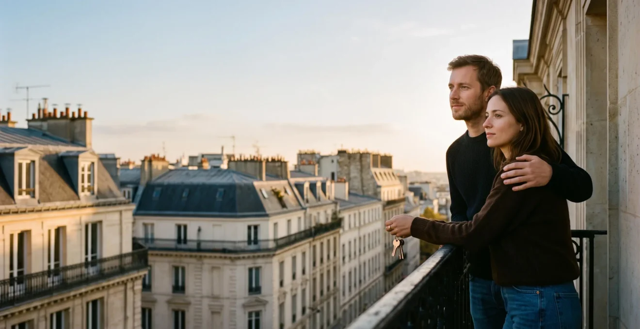 Un couple observant pensivement une ville française depuis un balcon, symbolisant la décision d'acheter ou d'attendre pour un achat immobilier