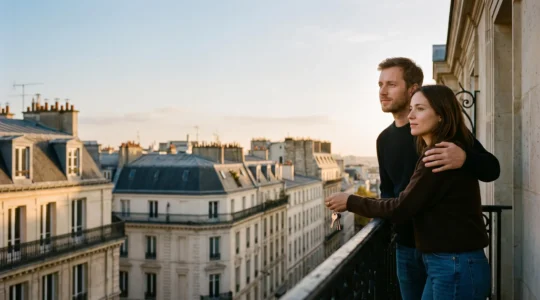 Un couple observant pensivement une ville française depuis un balcon, symbolisant la décision d'acheter ou d'attendre pour un achat immobilier