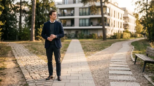 Investisseur immobilier face à trois chemins symbolisant le choix entre 6, 9 ou 12 ans d'engagement Pinel devant un immeuble résidentiel moderne