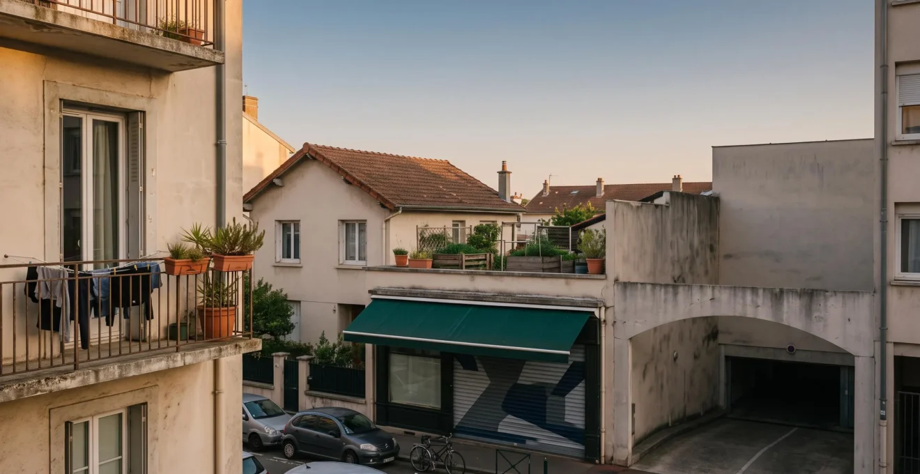 Quatre types de biens immobiliers cote a cote symbolisant le choix entre appartement, maison, local commercial et parking pour investir