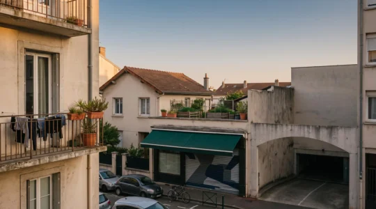 Quatre types de biens immobiliers cote a cote symbolisant le choix entre appartement, maison, local commercial et parking pour investir