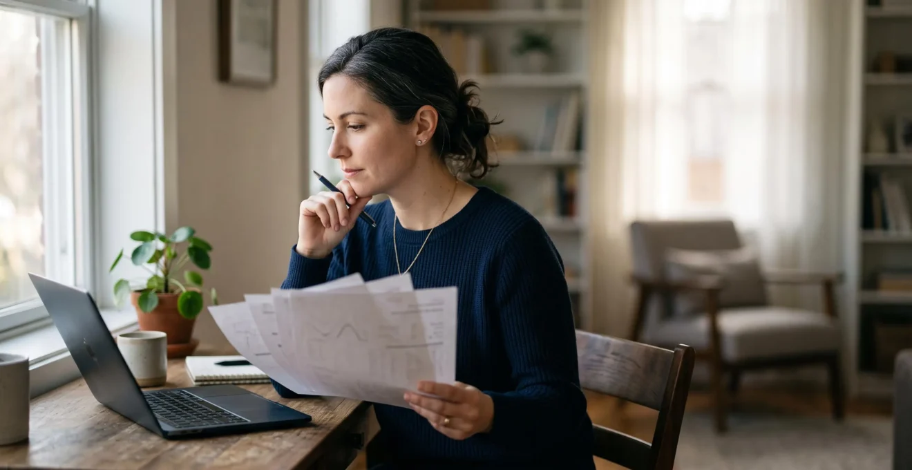 Personne analysant sereinement sa situation financière personnelle suite a une variation de revenus, symbolisant le choix d'un outil de simulation fiscale adapte