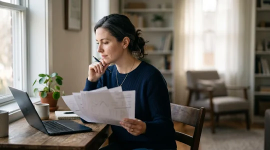 Personne analysant sereinement sa situation financière personnelle suite a une variation de revenus, symbolisant le choix d'un outil de simulation fiscale adapte