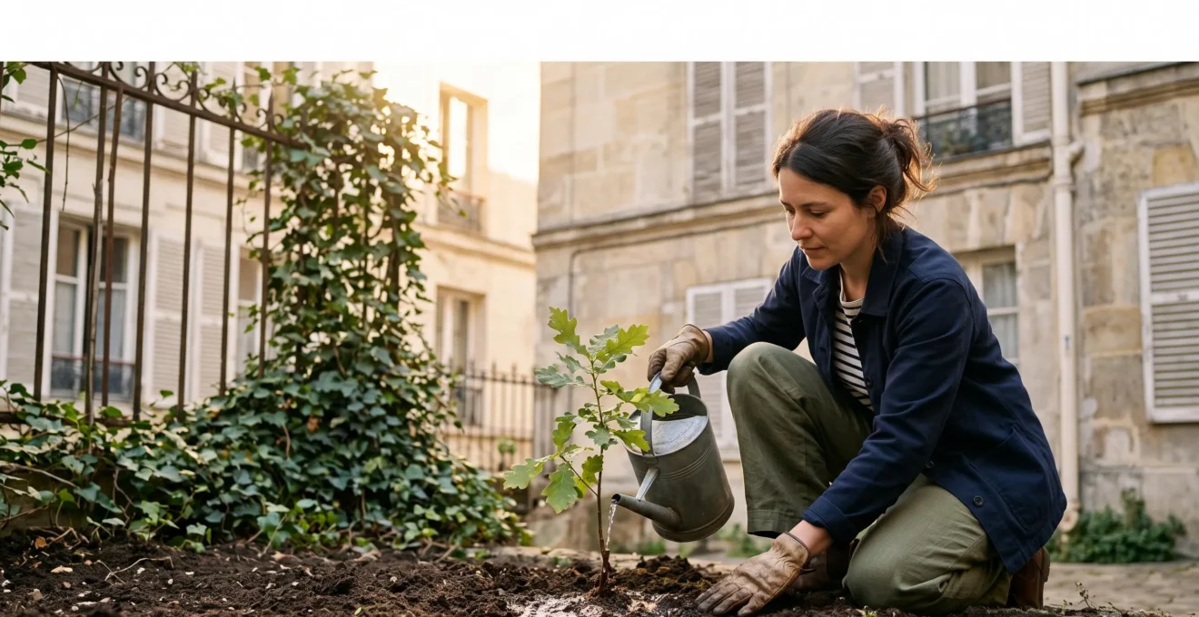 Une personne de trente-cinq ans plantant un jeune arbre dans un jardin urbain francais, symbole de la construction patienté d'un patrimoine a partir de rien.