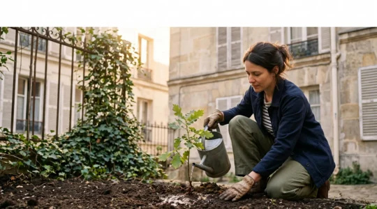 Une personne de trente-cinq ans plantant un jeune arbre dans un jardin urbain francais, symbole de la construction patienté d'un patrimoine a partir de rien.