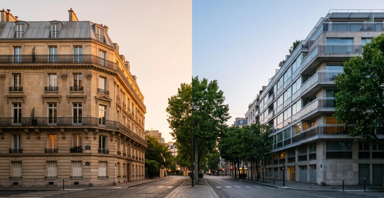 Deux facades d'immeubles francais symbolisant le passage de la loi Duflot a la loi Pinel en defiscalisation immobiliere
