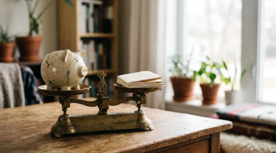 Balance symbolique entre une tirelire pleine et un calendrier, illustrant l'équilibre à trouver entre épargne personnelle et paiement du solde d'impôt