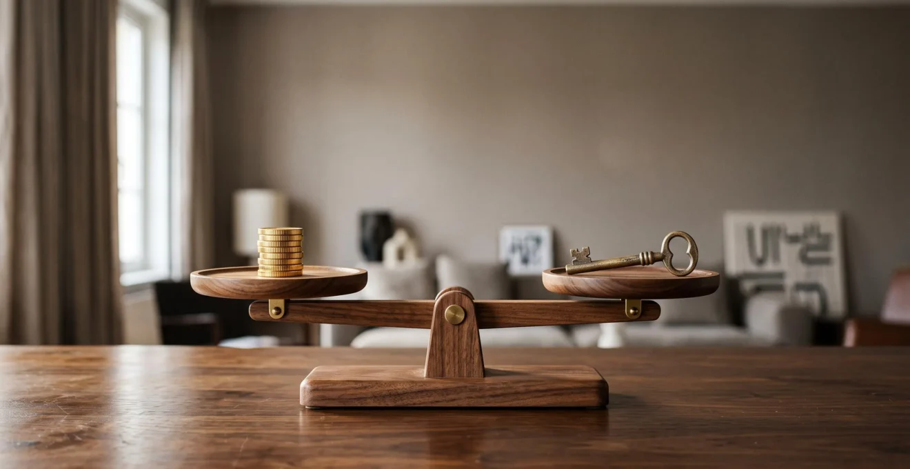 Balance en bois tenant en équilibre des pièces de monnaie et une petite clé, symbolisant le choix entre réduction d'impôt et liberté financière