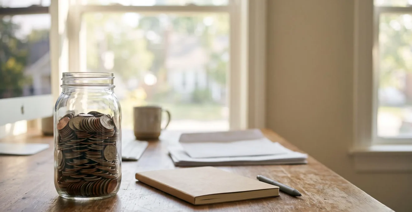 Bureau lumineux avec un bocal en verre rempli de pièces empilées en strates, symbolisant l'estimation et l'épargne fiscale anticipée