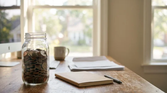 Bureau lumineux avec un bocal en verre rempli de pièces empilées en strates, symbolisant l'estimation et l'épargne fiscale anticipée