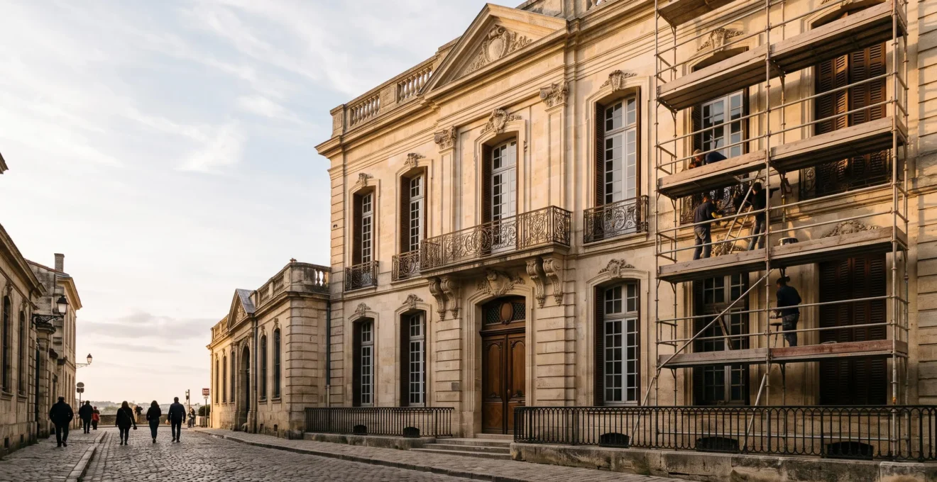 Façade d'un immeuble ancien en pierre de taille en cours de restauration dans un secteur sauvegardé, symbolisant l'investissement patrimonial