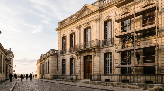 Façade d'un immeuble ancien en pierre de taille en cours de restauration dans un secteur sauvegardé, symbolisant l'investissement patrimonial