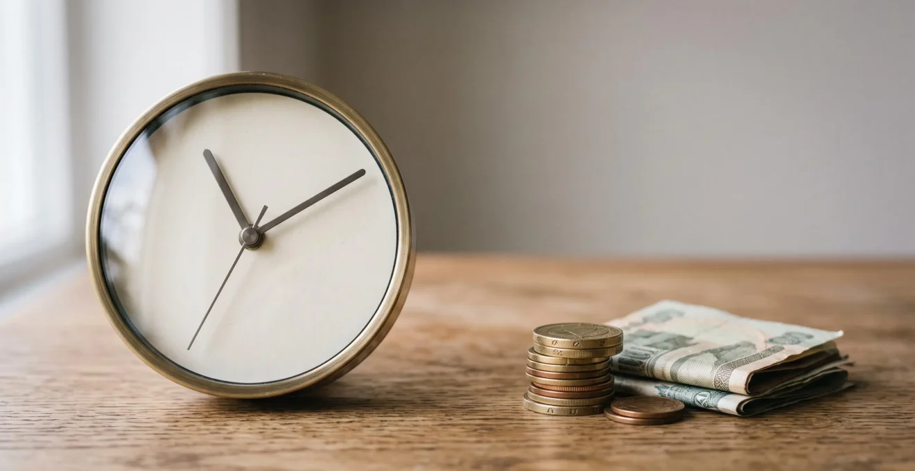 Horloge minimaliste entourée de pièces de monnaie illustrant l'urgence de payer ses impôts avant l'échéance