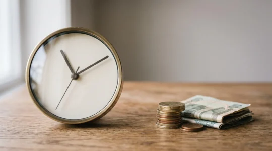 Horloge minimaliste entourée de pièces de monnaie illustrant l'urgence de payer ses impôts avant l'échéance