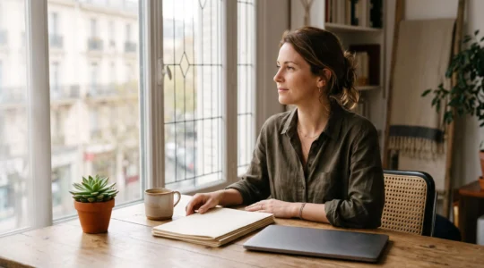 Personne sereine consultant ses documents financiers pour calculer son impôt sur le revenu en France