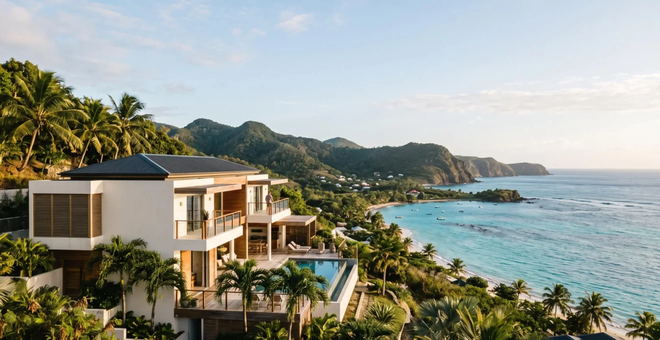 Vue panoramique d'une résidence moderne en bord de mer dans les Antilles illustrant l'investissement immobilier en outre-mer