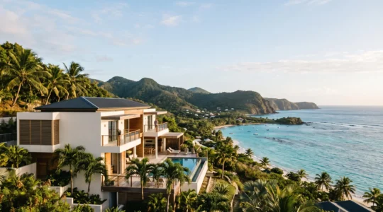 Vue panoramique d'une résidence moderne en bord de mer dans les Antilles illustrant l'investissement immobilier en outre-mer