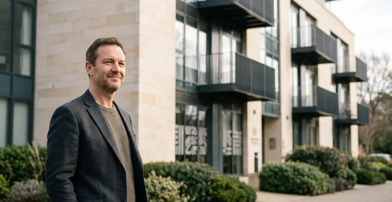 Investisseur serein devant une résidence services moderne, symbole d'un placement immobilier géré sans souci de gestion