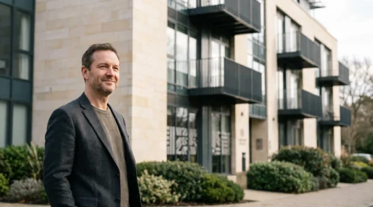 Investisseur serein devant une résidence services moderne, symbole d'un placement immobilier géré sans souci de gestion