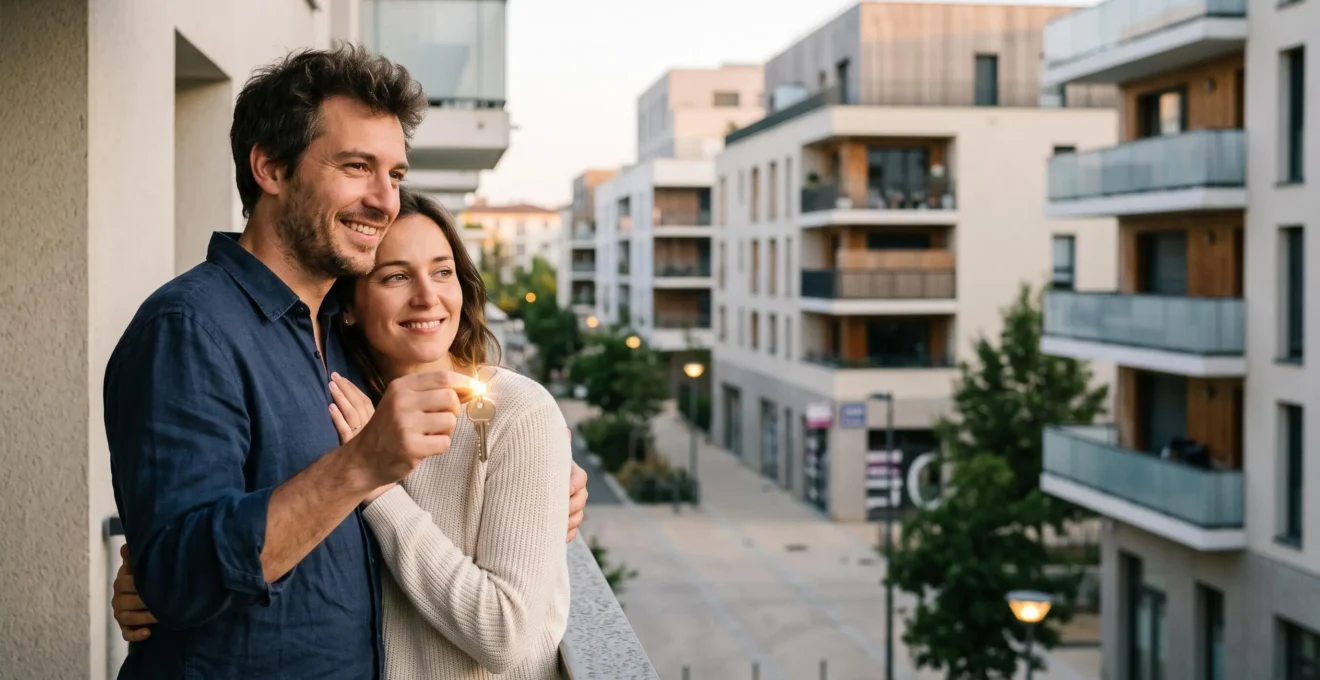 Jeune couple recevant les clés de leur appartement neuf en loi Pinel, symbole de réduction d'impôt et d'investissement locatif
