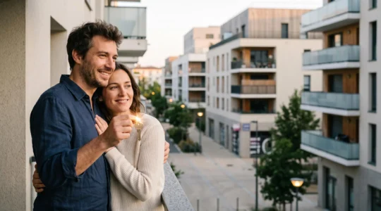 Jeune couple recevant les clés de leur appartement neuf en loi Pinel, symbole de réduction d'impôt et d'investissement locatif