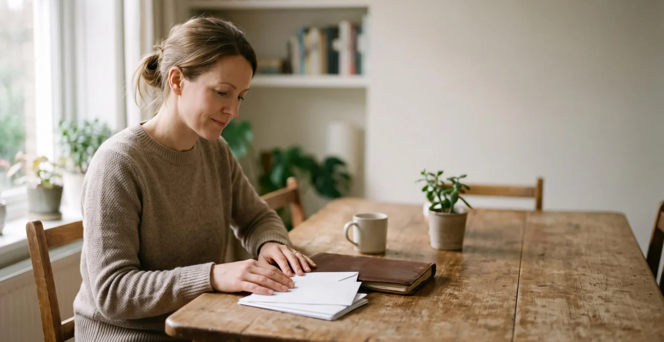 Parent assis à une table, organisant calmement ses documents financiers dans une lumière douce, symbole d'une déclaration de pension alimentaire faite en toute sérénité