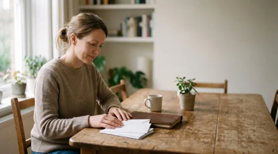 Parent assis à une table, organisant calmement ses documents financiers dans une lumière douce, symbole d'une déclaration de pension alimentaire faite en toute sérénité