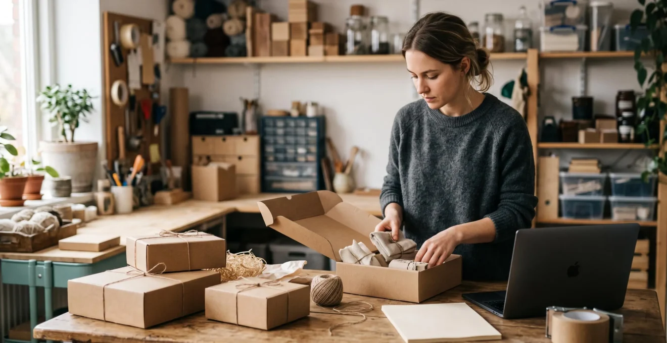 Jeune entrepreneur organisant ses premiers documents et produits avant de declarer officiellement son activite commerciale
