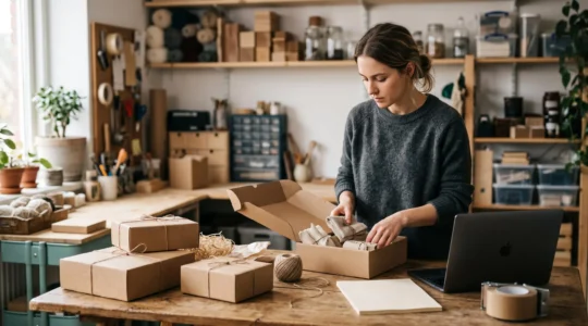 Jeune entrepreneur organisant ses premiers documents et produits avant de declarer officiellement son activite commerciale
