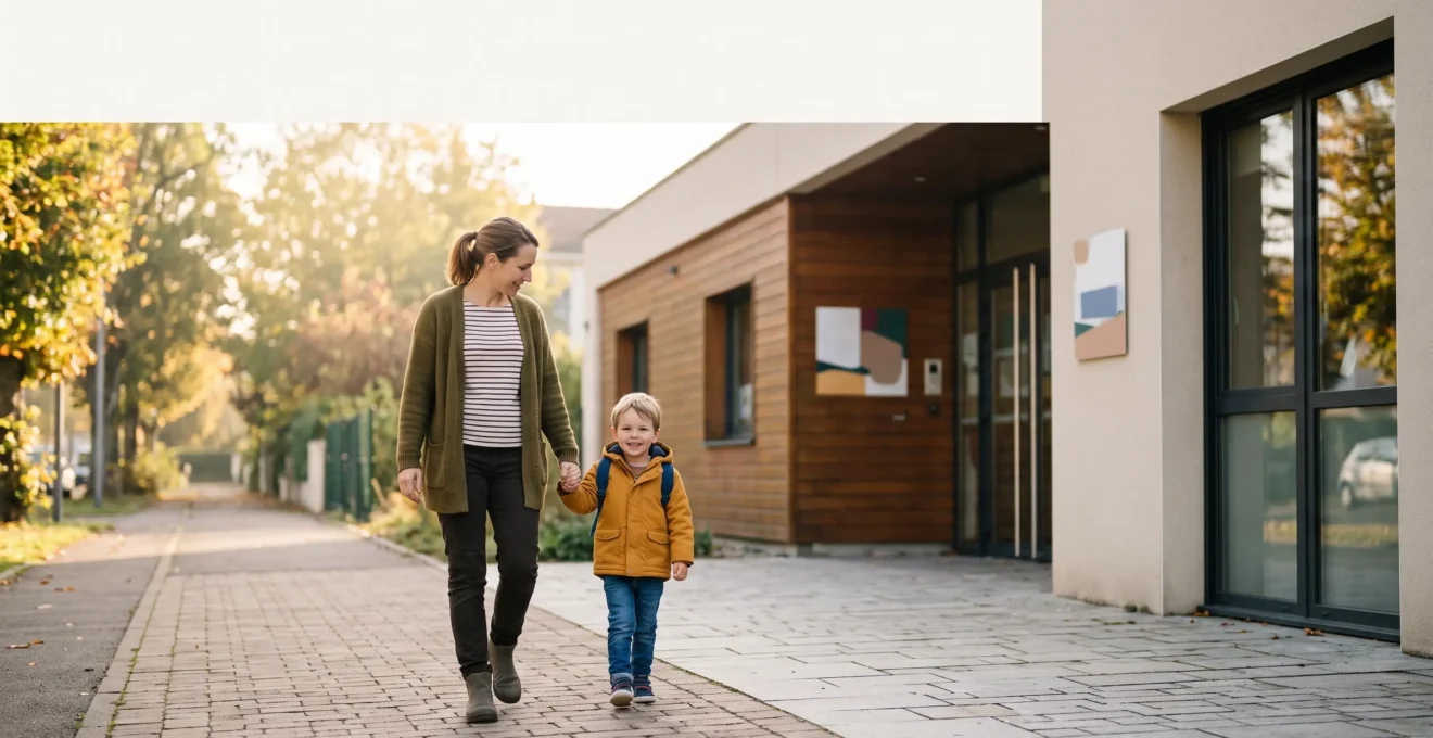 Parent tenant la main de son jeune enfant devant une creche, symbolisant l'aide fiscale recuperee pour les frais de garde