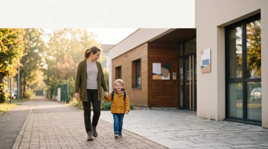 Parent tenant la main de son jeune enfant devant une creche, symbolisant l'aide fiscale recuperee pour les frais de garde