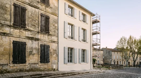 Facade d'un immeuble ancien en cours de renovation dans un centre historique francais, symbole de la defiscalisation loi Malraux