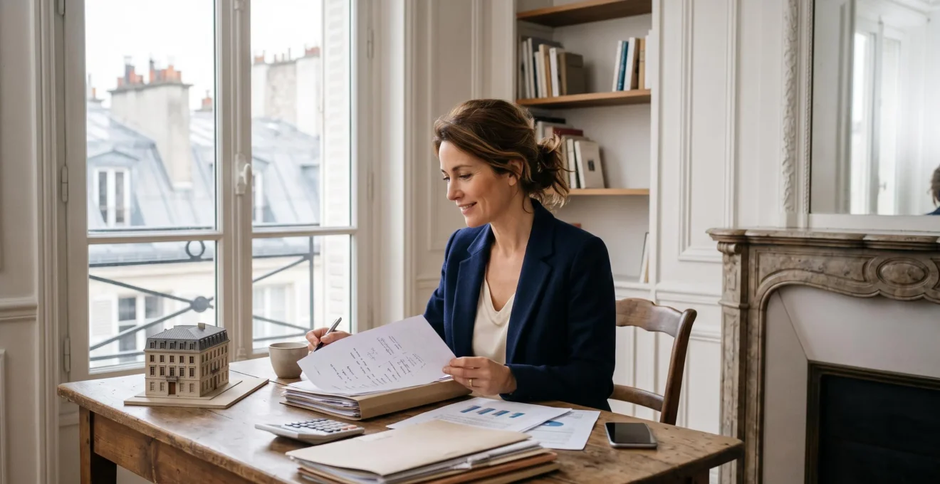 Propriétaire bailleur français analysant sereinement ses documents de location dans un salon lumineux, symbolisant la maîtrise de sa fiscalité locative