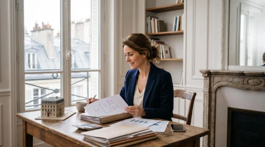 Propriétaire bailleur français analysant sereinement ses documents de location dans un salon lumineux, symbolisant la maîtrise de sa fiscalité locative