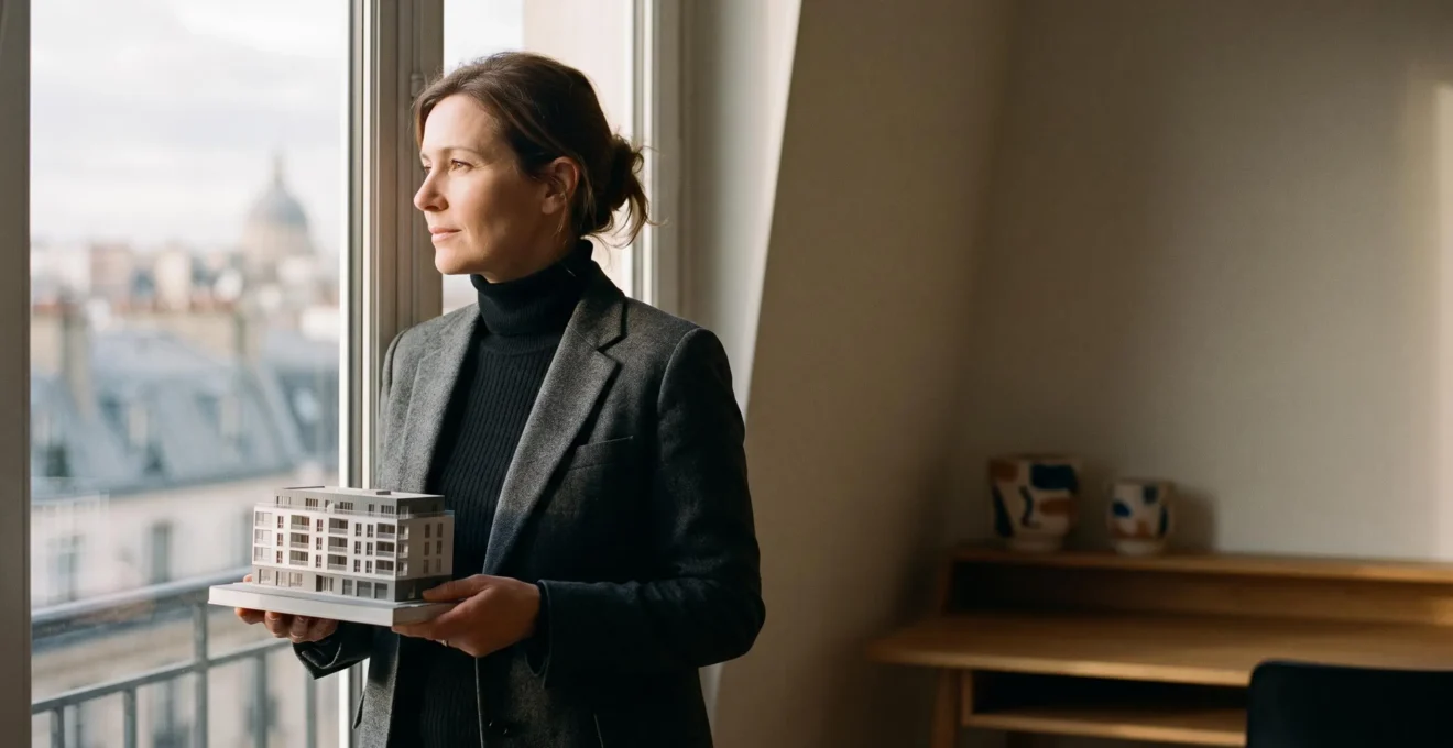 Investisseur serein consultant les plans de son bien meuble LMNP dans un appartement lumineux en France, symbole de revenus locatifs defiscalises