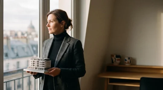 Investisseur serein consultant les plans de son bien meuble LMNP dans un appartement lumineux en France, symbole de revenus locatifs defiscalises