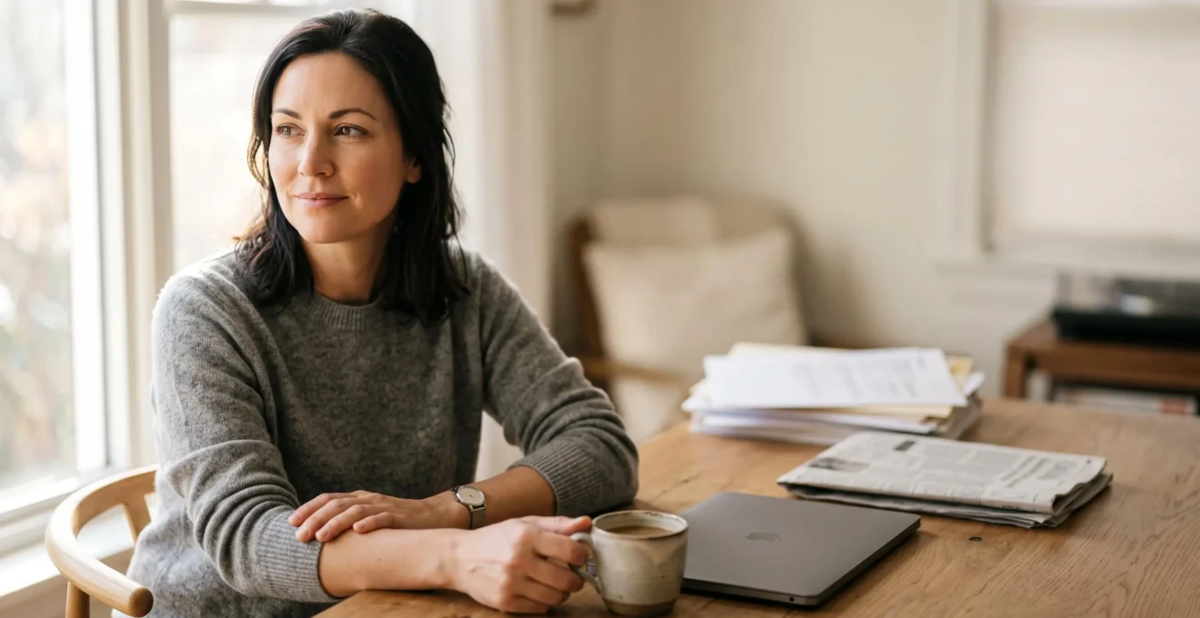 Personne calme calculant son imposition à la maison dans une ambiance chaleureuse et rassurante