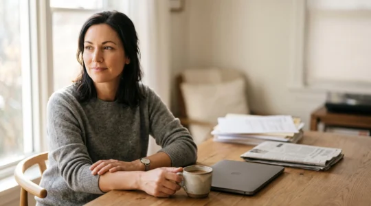 Personne calme calculant son imposition à la maison dans une ambiance chaleureuse et rassurante