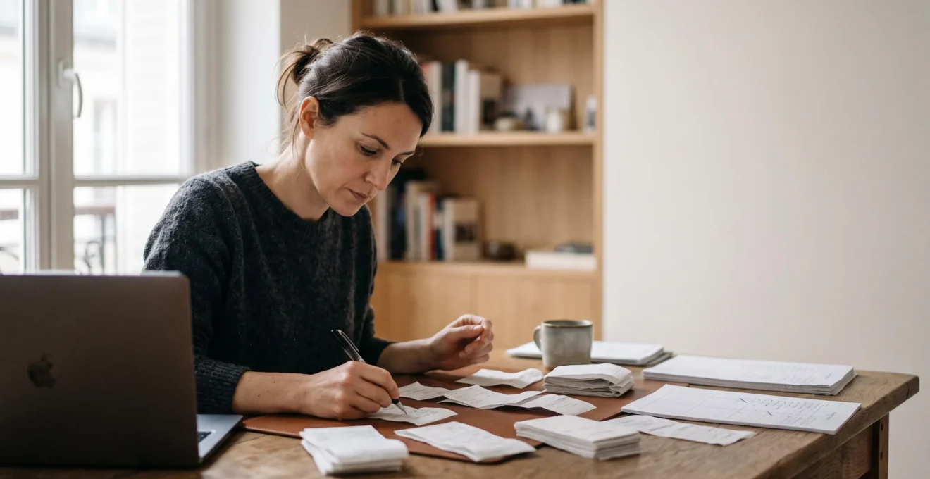 Personne concentrée vérifiant attentivement ses documents financiers avant une déclaration en ligne, symbolisant la rigueur fiscale