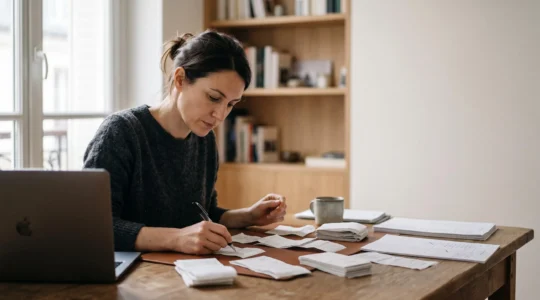 Personne concentrée vérifiant attentivement ses documents financiers avant une déclaration en ligne, symbolisant la rigueur fiscale