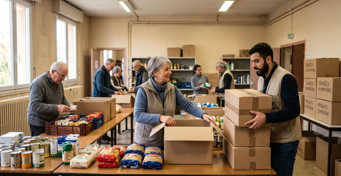 Bénévoles d'une association humanitaire française organisant la distribution d'aide alimentaire dans un centre communautaire