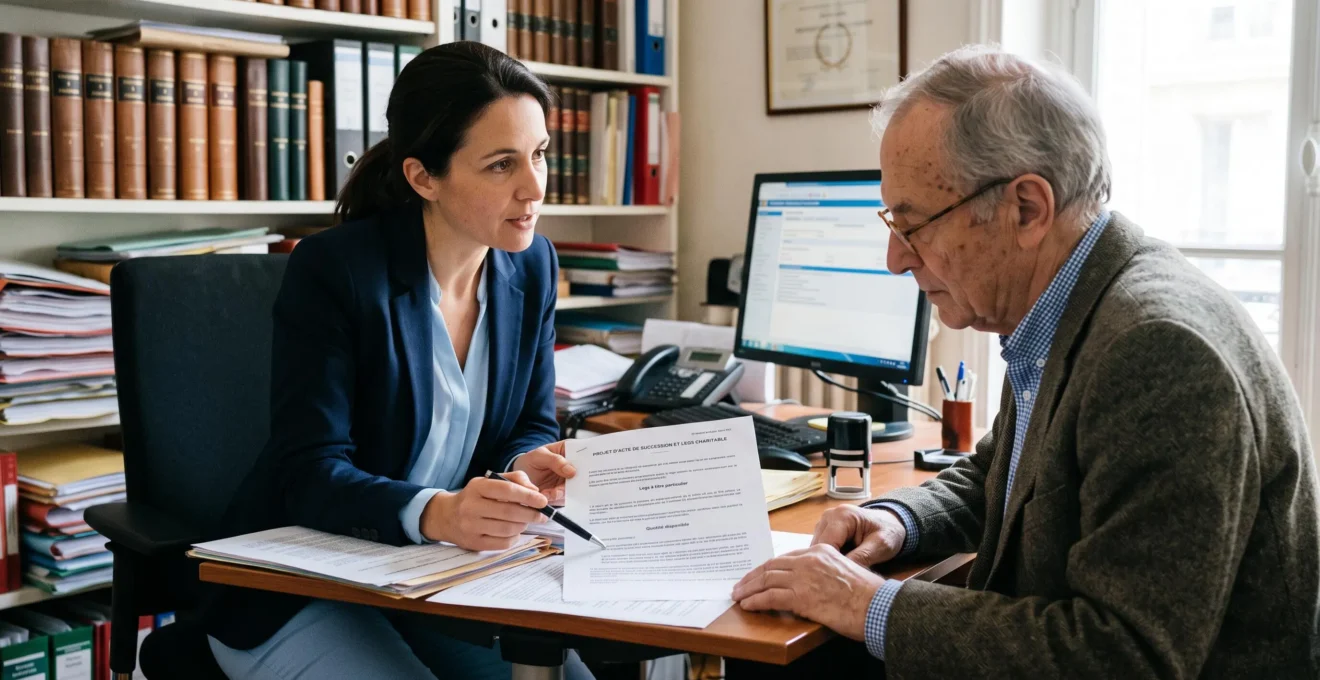 Notaire français consultant avec un client senior sur des documents de planification successorale et de legs dans un office notarial