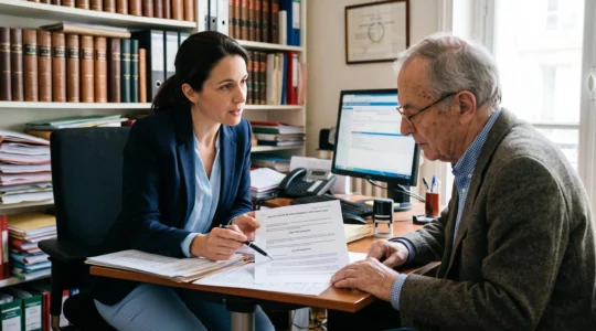 Notaire français consultant avec un client senior sur des documents de planification successorale et de legs dans un office notarial