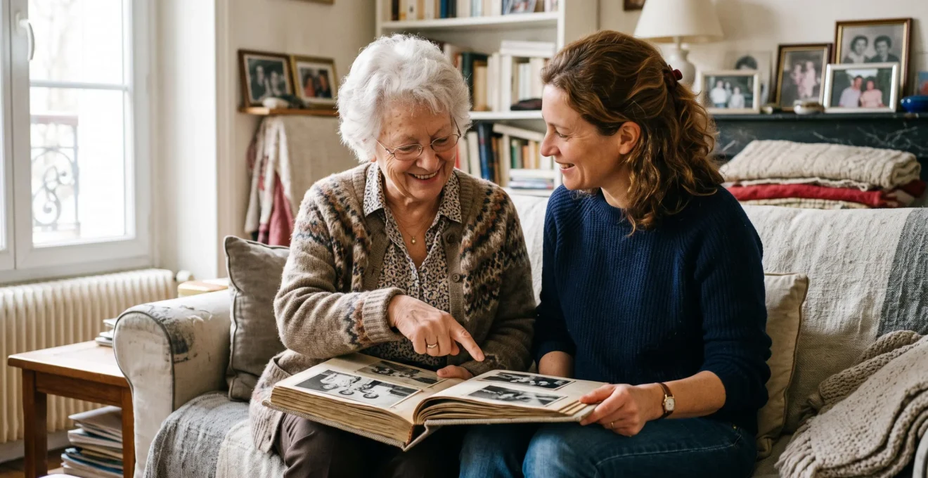 Senior française et sa nièce partageant un moment familial chaleureux en regardant ensemble un album photo dans un salon