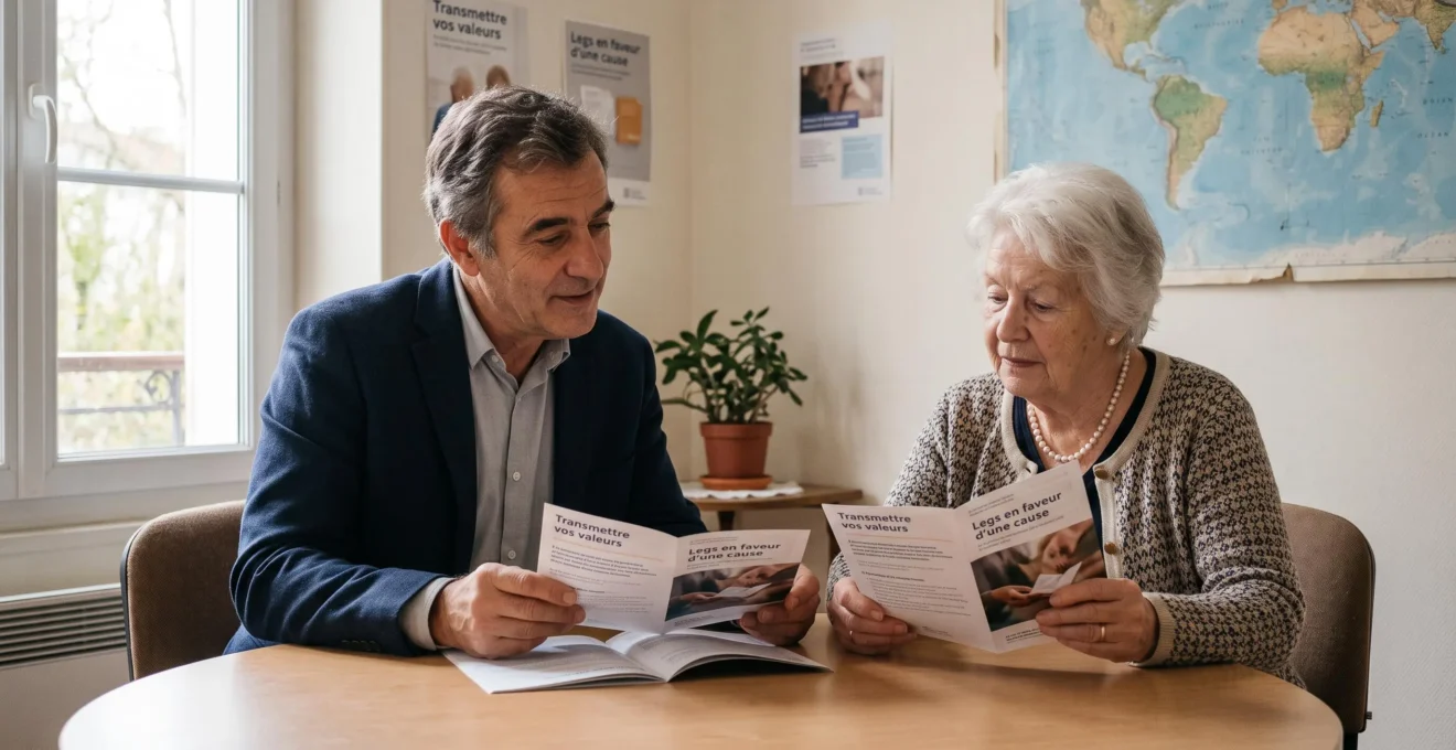 Responsable des legs d'une association caritative française rencontrant un donateur potentiel pour présenter les modalités de legs